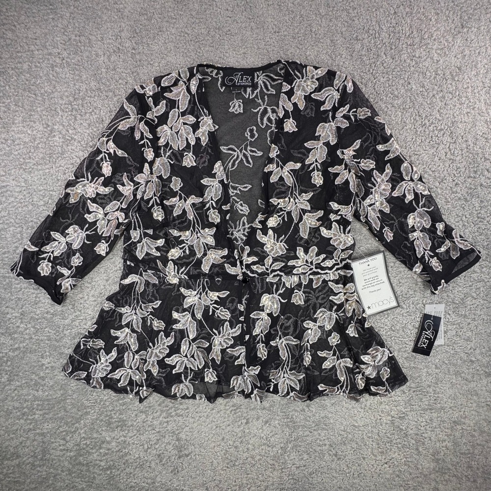 VTG Alex Evenings Womens Black Gold Floral Embroidered Sequin Mesh Blouse Size L